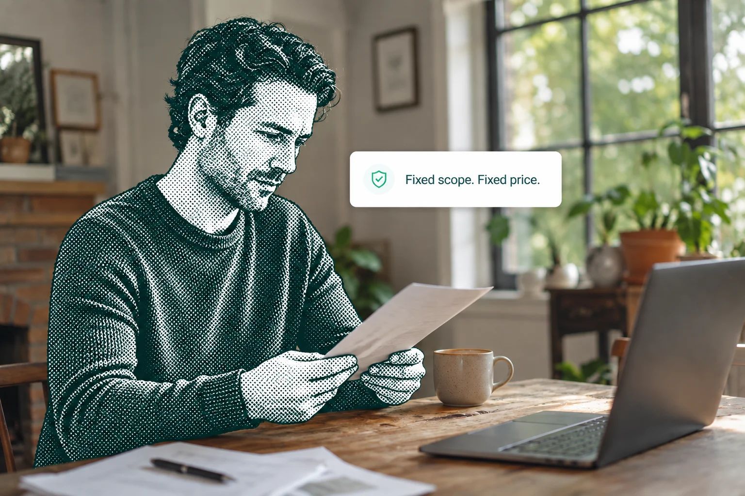 A founder reviewing a fixed project quote at a desk